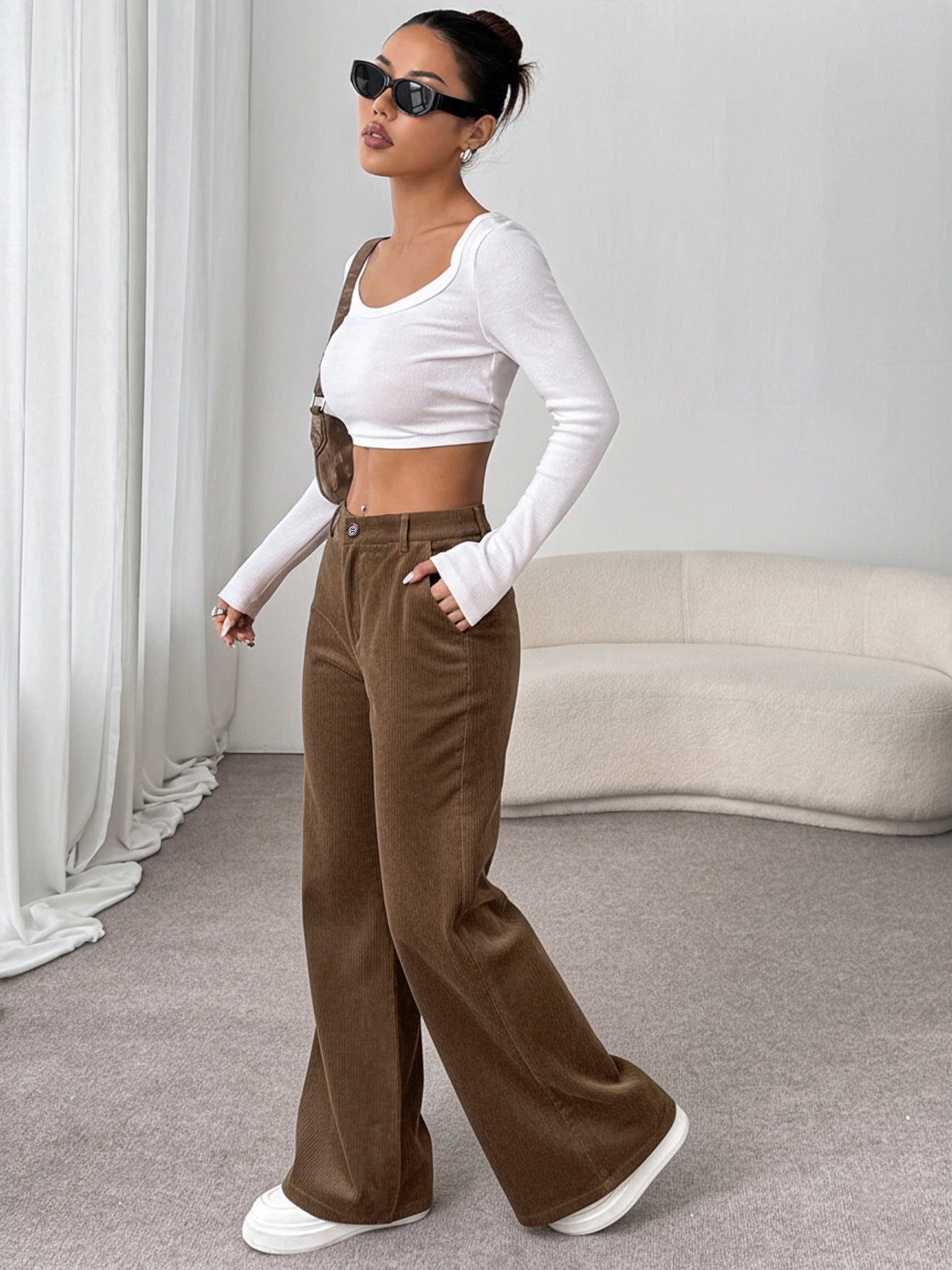 Corduroy Wide Leg Pants High Waist Casual Loose Trousers
