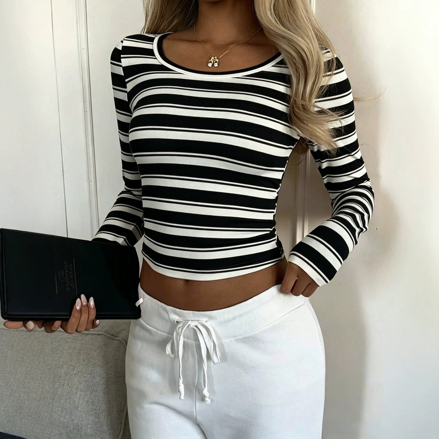 Striped Long Sleeve Crop Top Fitted Ribbed Tee