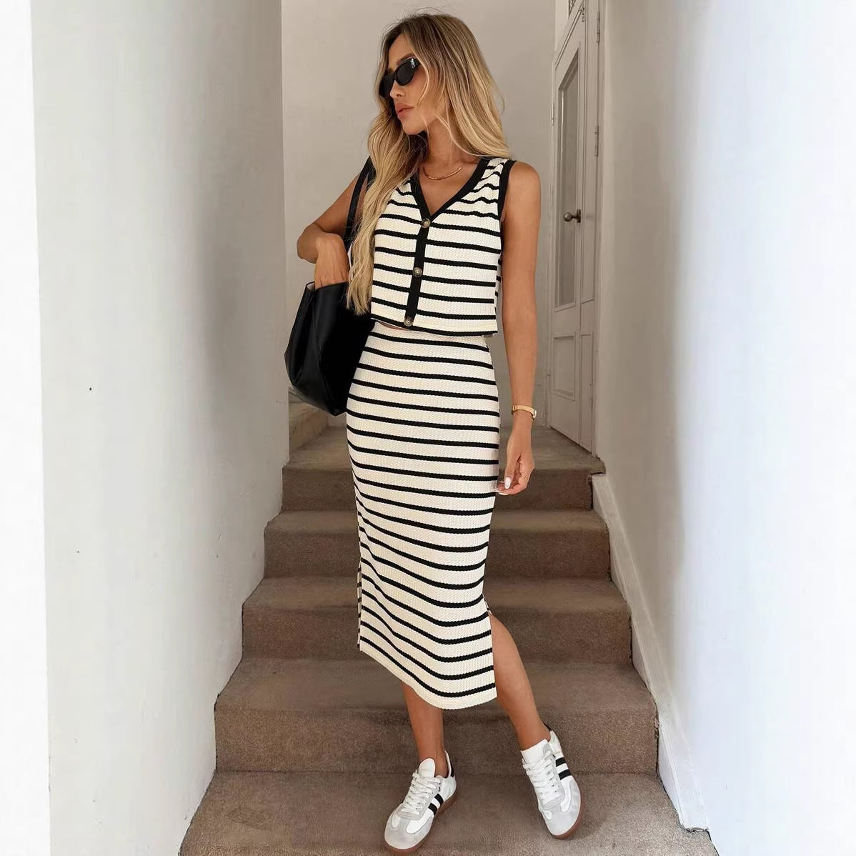 Striped Button Knit Two Piece Midi Skirt Set
