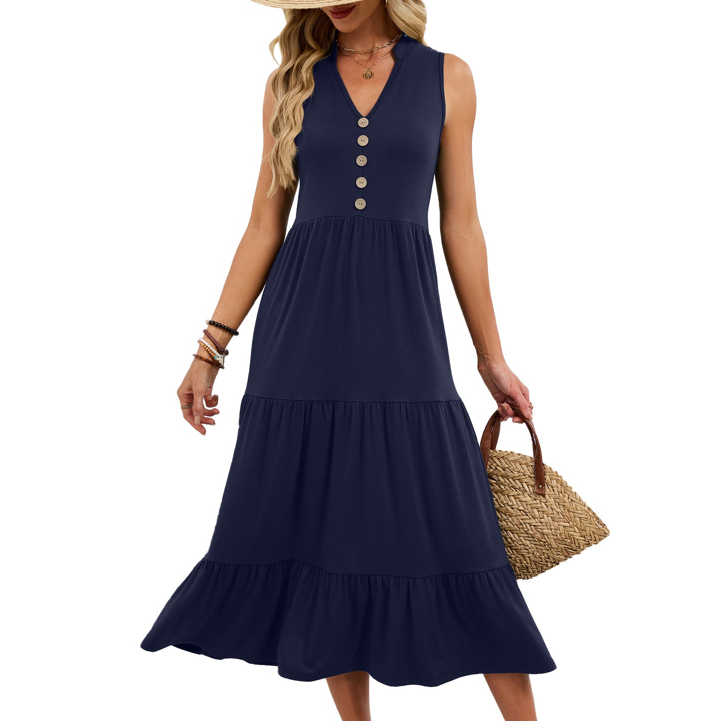 Sleeveless V Neck Button Tiered Midi Dress Casual