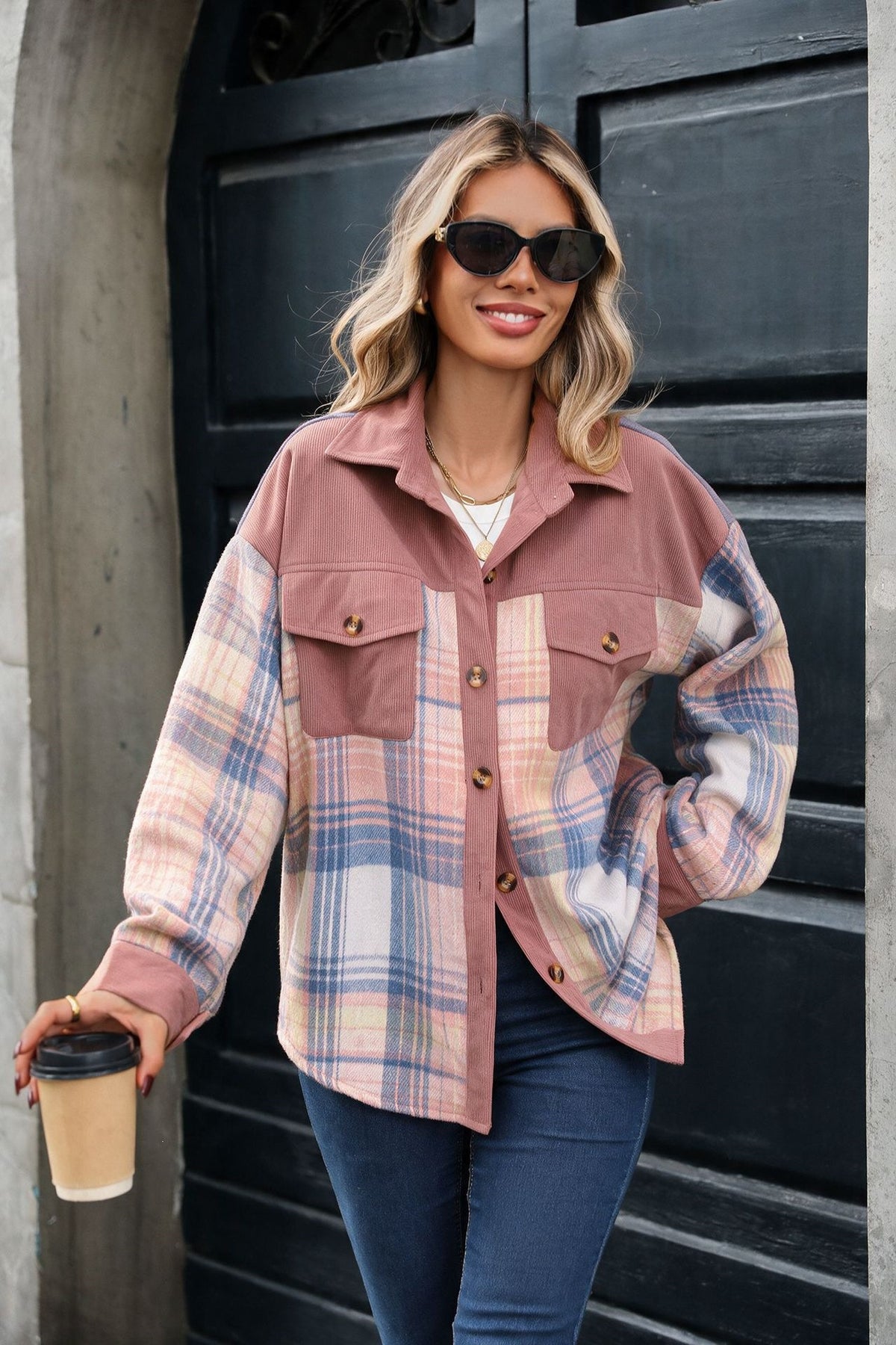 Women's Oversized Plaid Corduroy Shacket Button Down