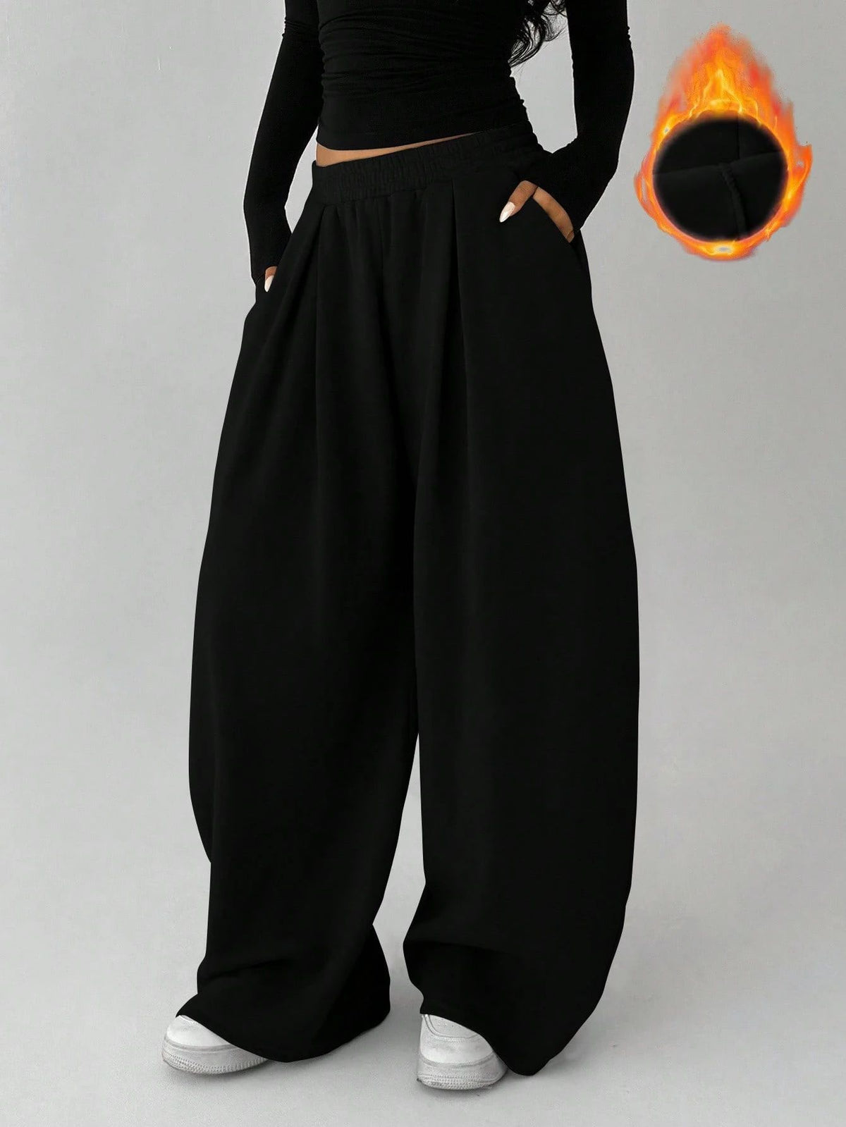 Women's Fleece Lined Baggy Wide Leg Sweatpants Pockets