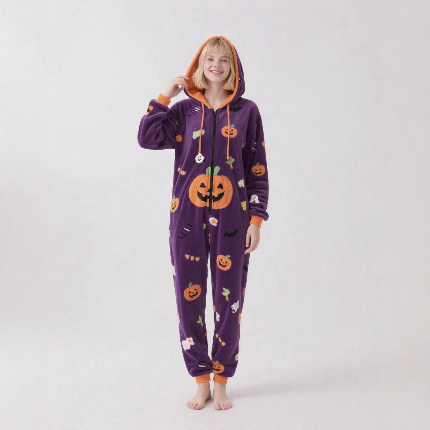 Halloween Pumpkin Hooded Pajama Jumpsuit One Piece