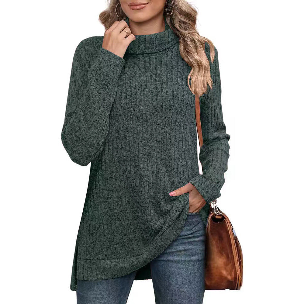 Women's Oversized Ribbed Turtleneck Long Sleeve Slit Tunic
