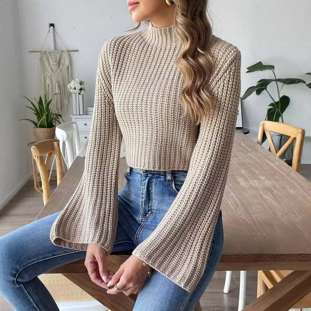 Women's Cropped Mock Neck Bell Sleeve Knit Sweater