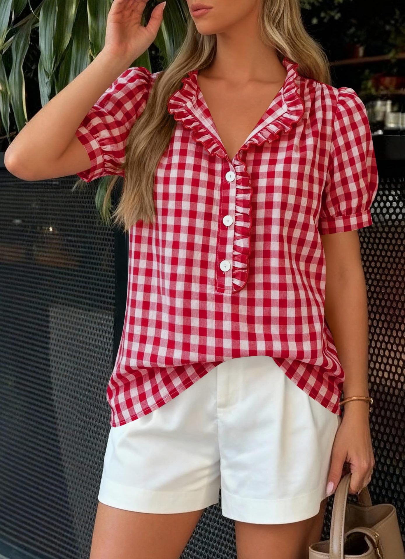 Plaid Puff Sleeve Blouse Boutique Ruffle Button Top