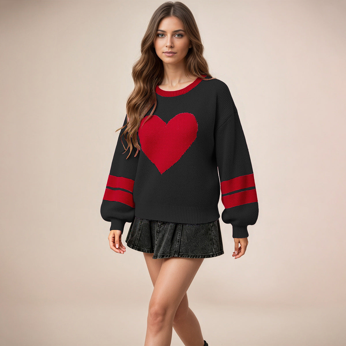 Oversized Heart Crewneck Sweater Women Striped Sleeve Knit