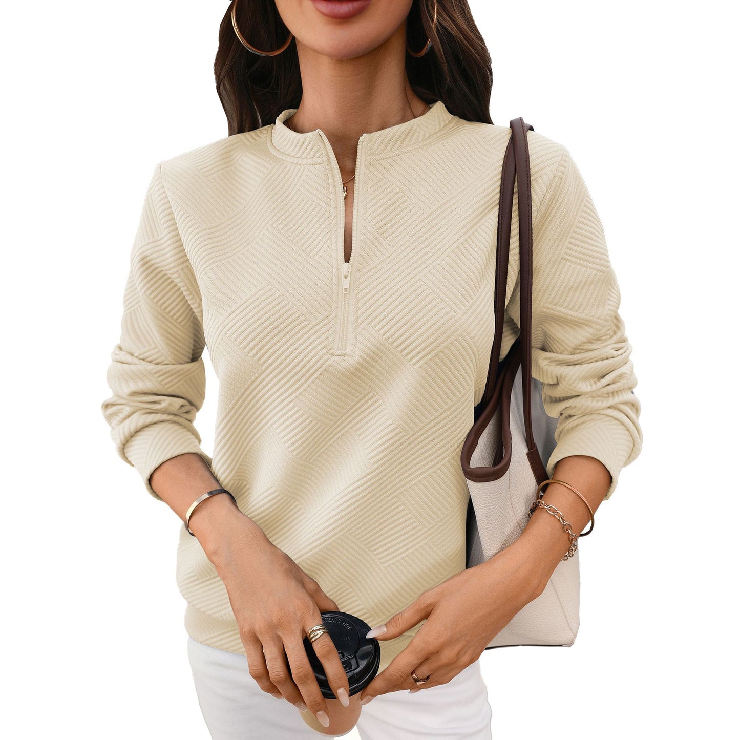 Solid Textured Knit Pullover Quarter Zip Long Sleeve Top