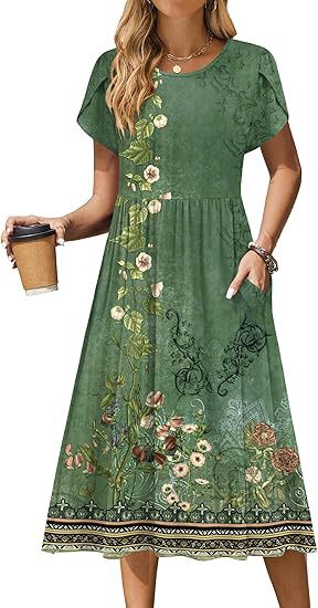 Boho Floral Midi Dress for Women Round Neck Short Sleeve