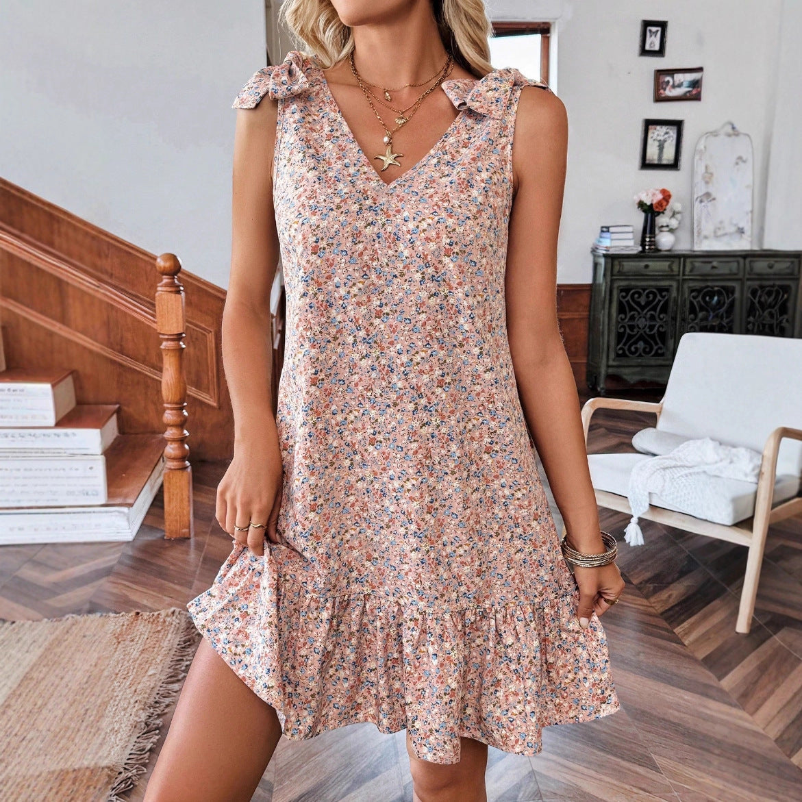 Floral V Neck Tie Shoulder Sleeveless Mini Dress