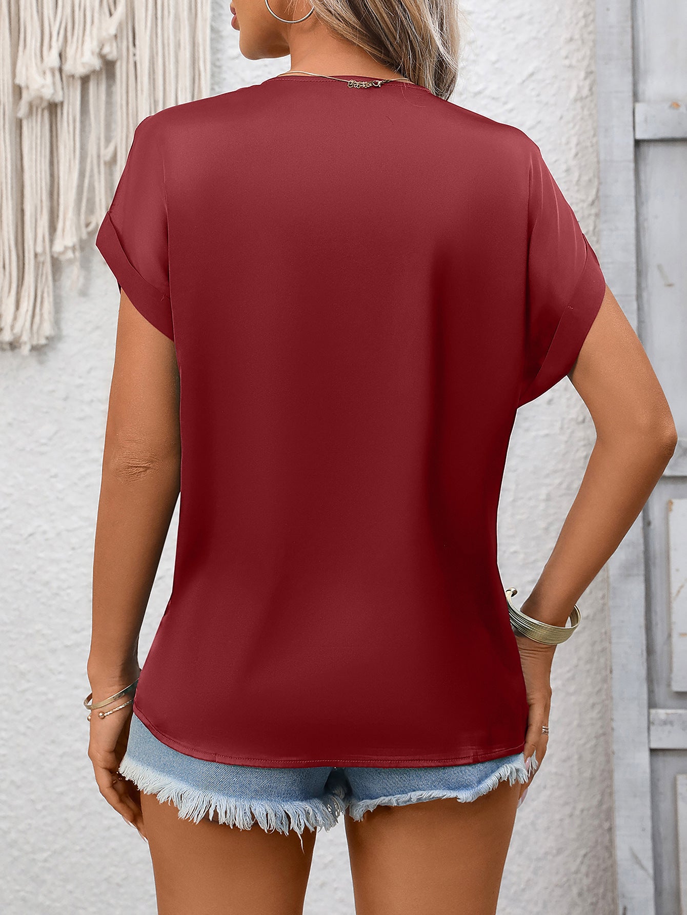 Lace Trim V Neck Satin Blouse Women Summer Short Sleeve Top
