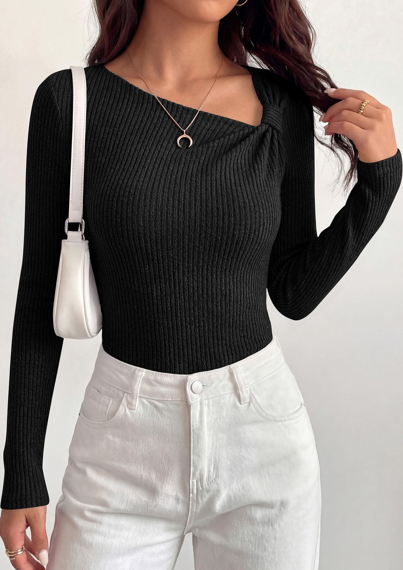 Asymmetrical Ribbed Knit Long Sleeve Sweater Top