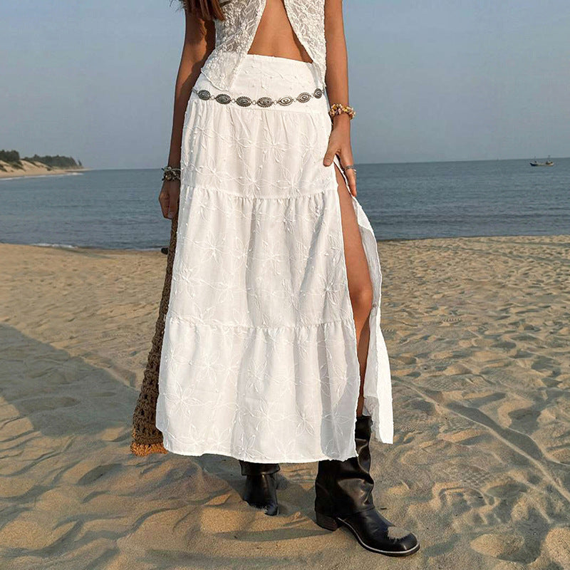 Women High Waist Embroidered Split Maxi Skirt