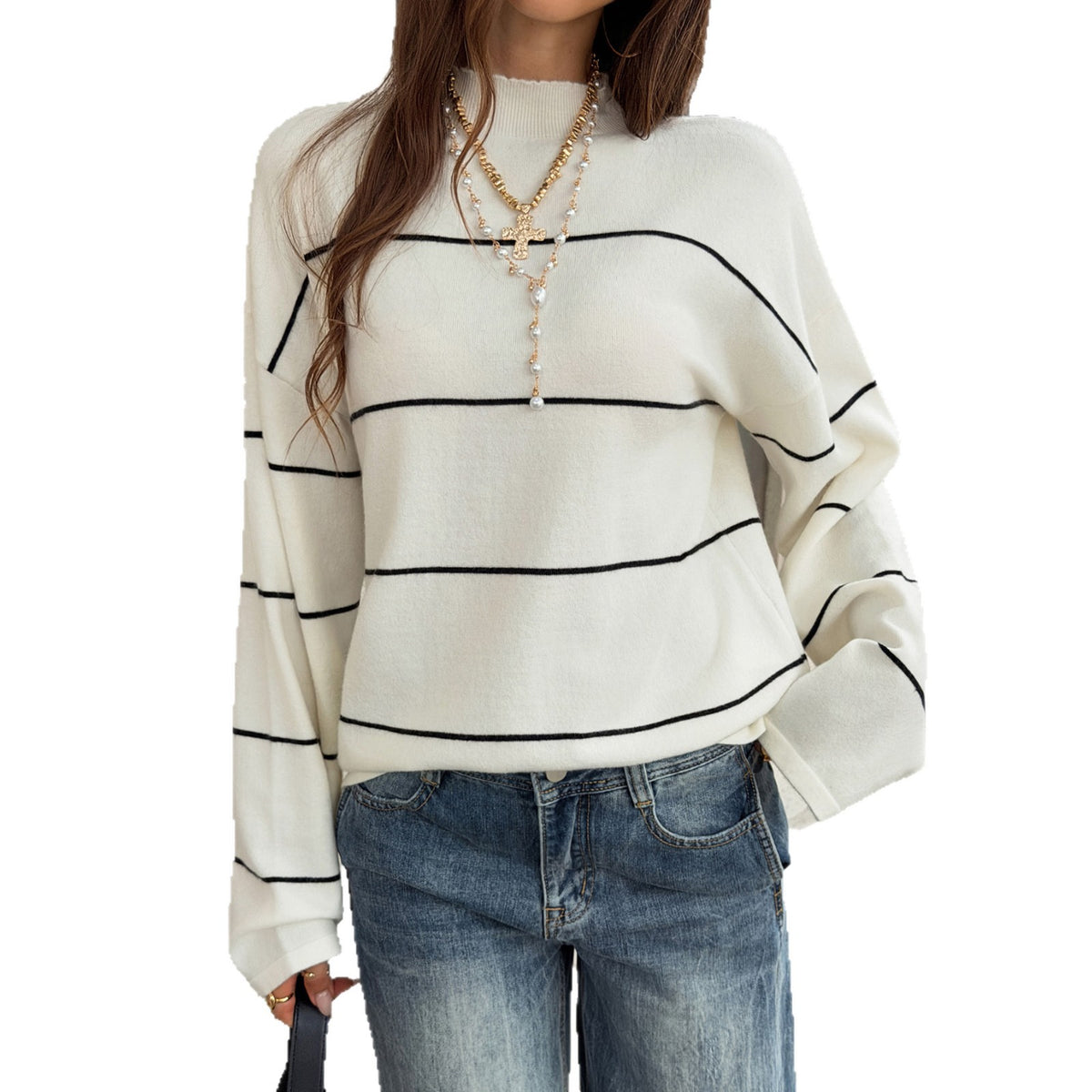 Mock Neck Striped Oversized Cropped Sweater