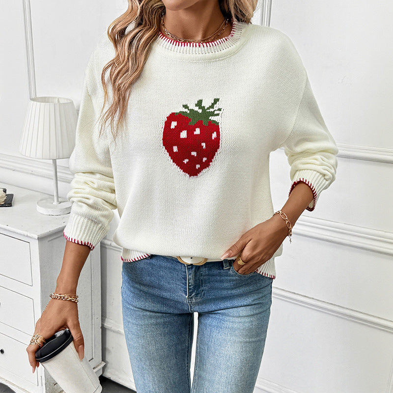 Strawberry Graphic Knit Sweater Women’s Casual Pullover