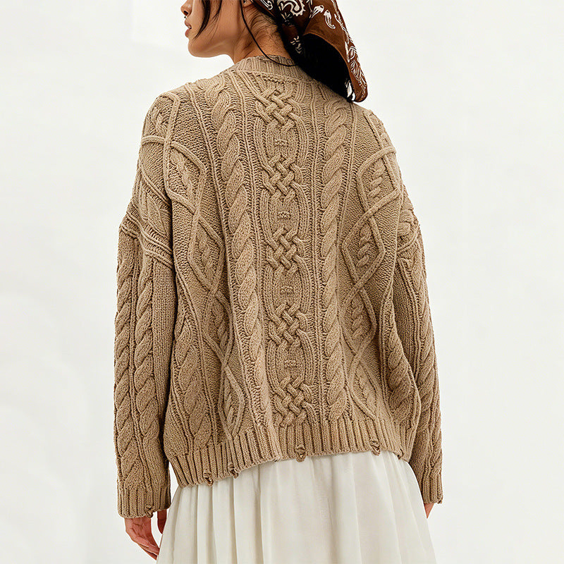 Women's Chunky Cable Knit Oversized Pullover Sweater Pocket