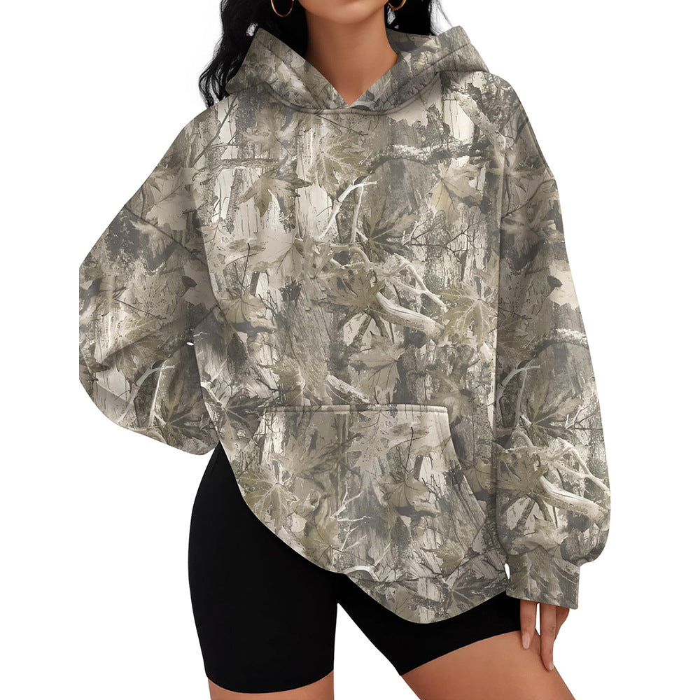 Camo Leaf Print Hoodie Women Oversized Casual Pullover