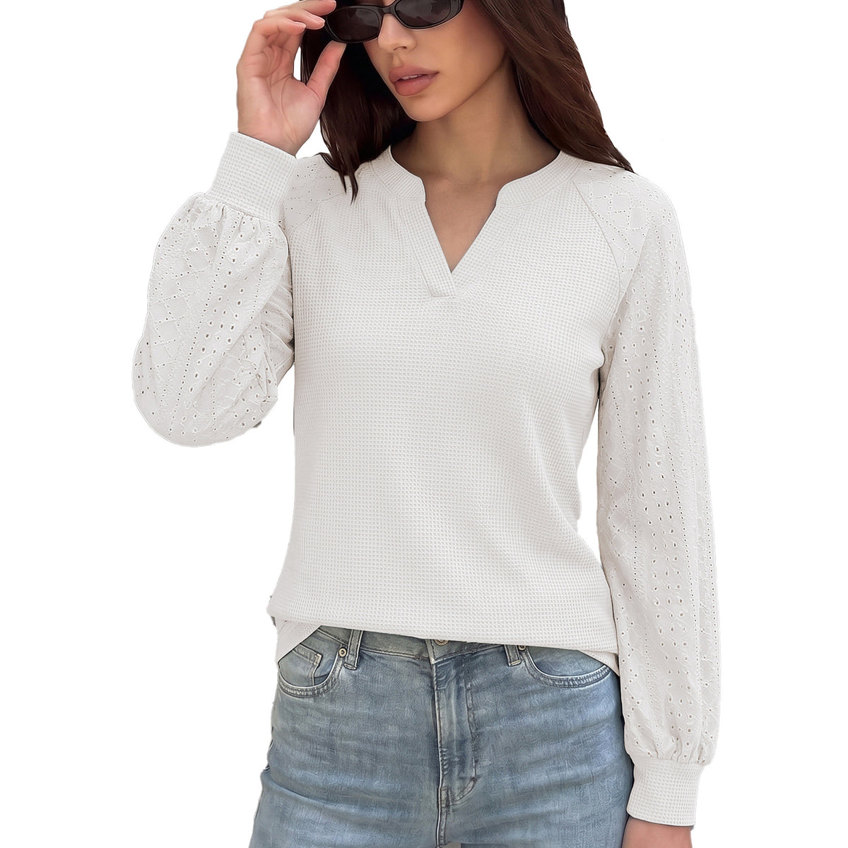 Women's Waffle Knit Eyelet Sleeve V Neck Top