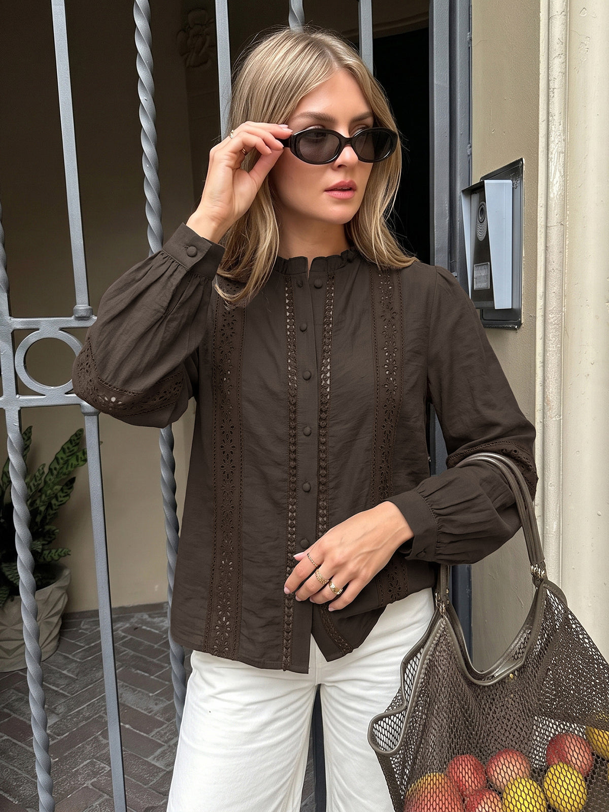 Ruffle Collar Eyelet Brown Blouse Button Front Loose Top