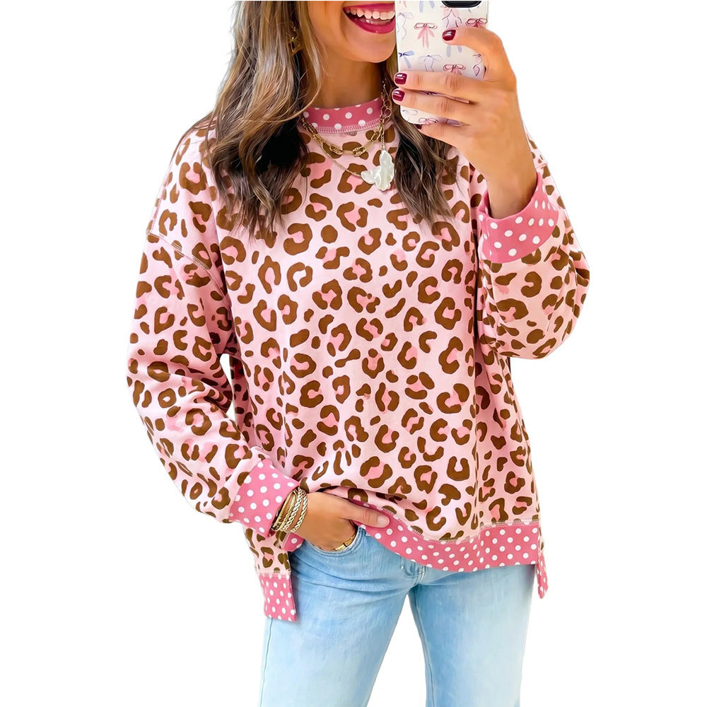 Women's Oversized Leopard Polka Dot Color Block Sweatshirt