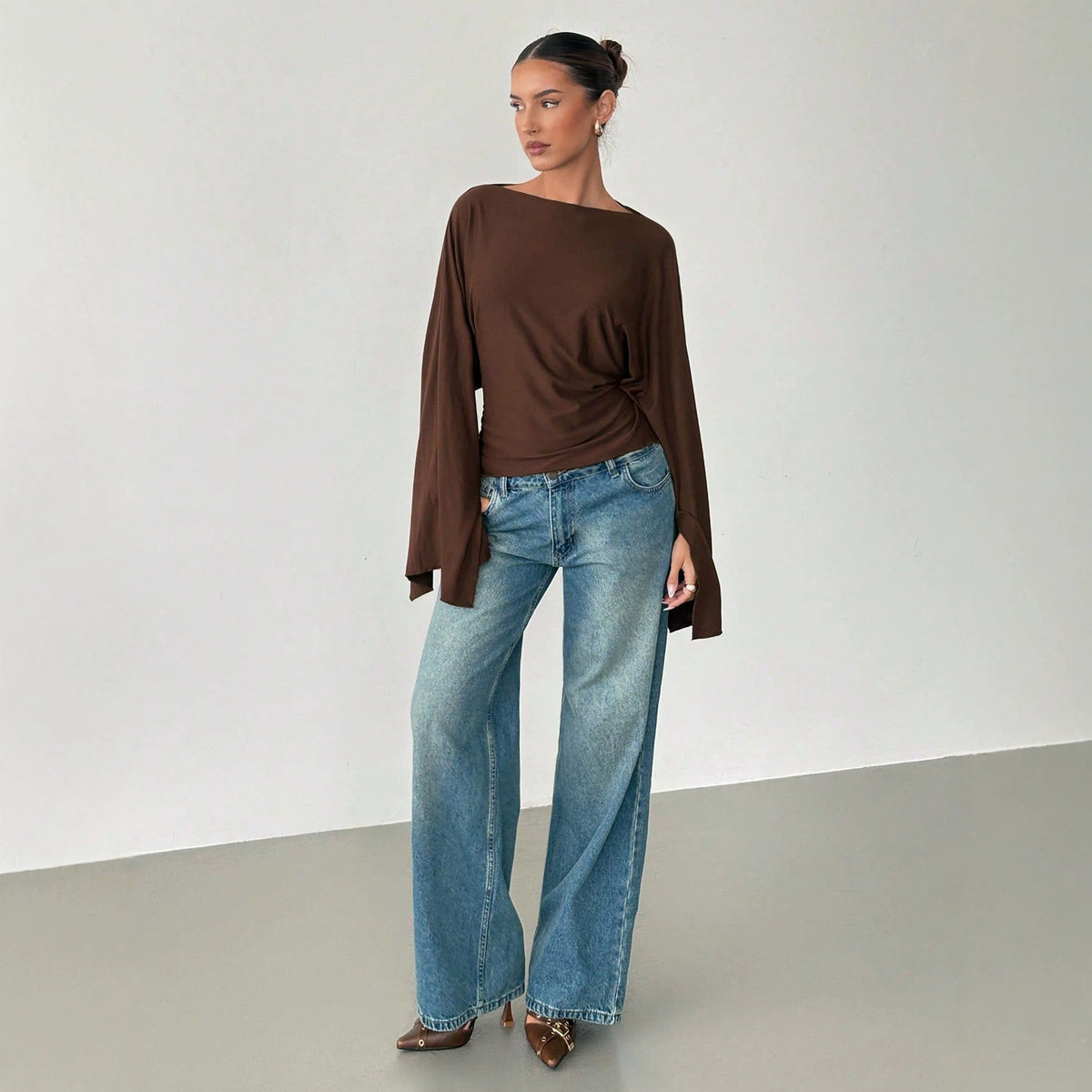 Women's Batwing Sleeve Tie Waist Boat Neck Top