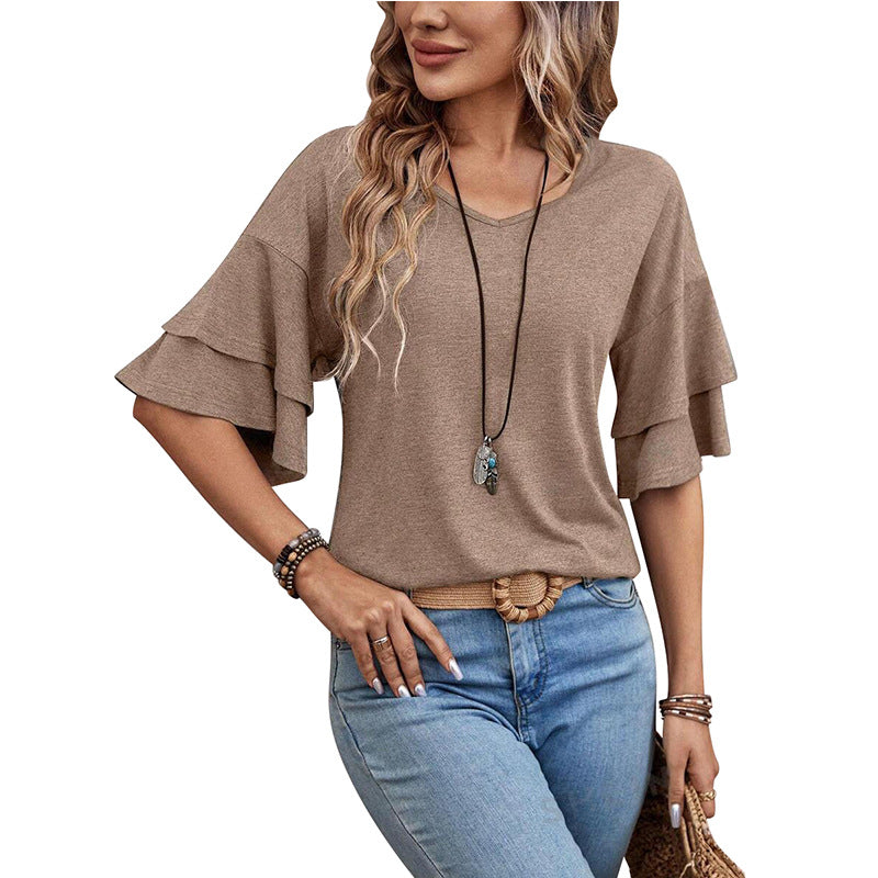 Summer V Neck Ruffle Sleeve Loose Fit Women’s Top