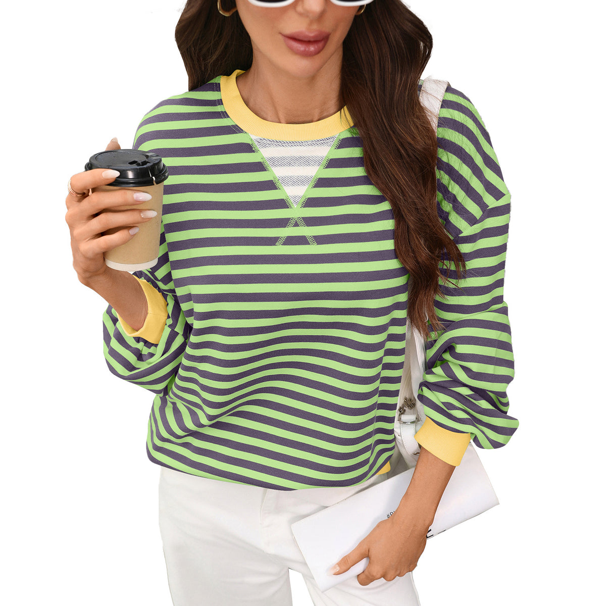 Women Striped Color Block Crewneck Oversized Sweatshirt