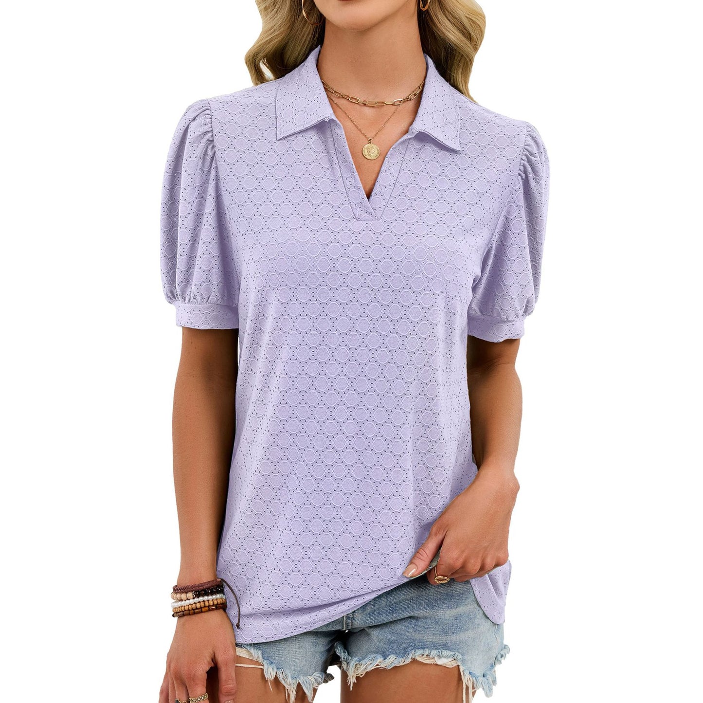Eyelet Puff Sleeve V Neck Polo Blouse Casual Chic