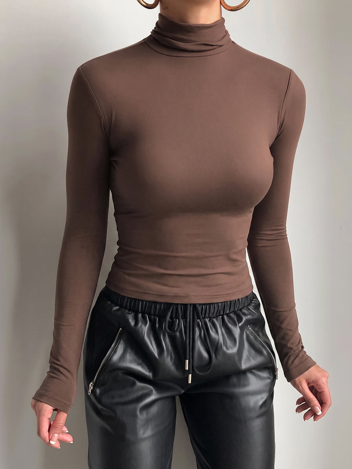 Brown Mock Neck Long Sleeve Fitted Crop Top
