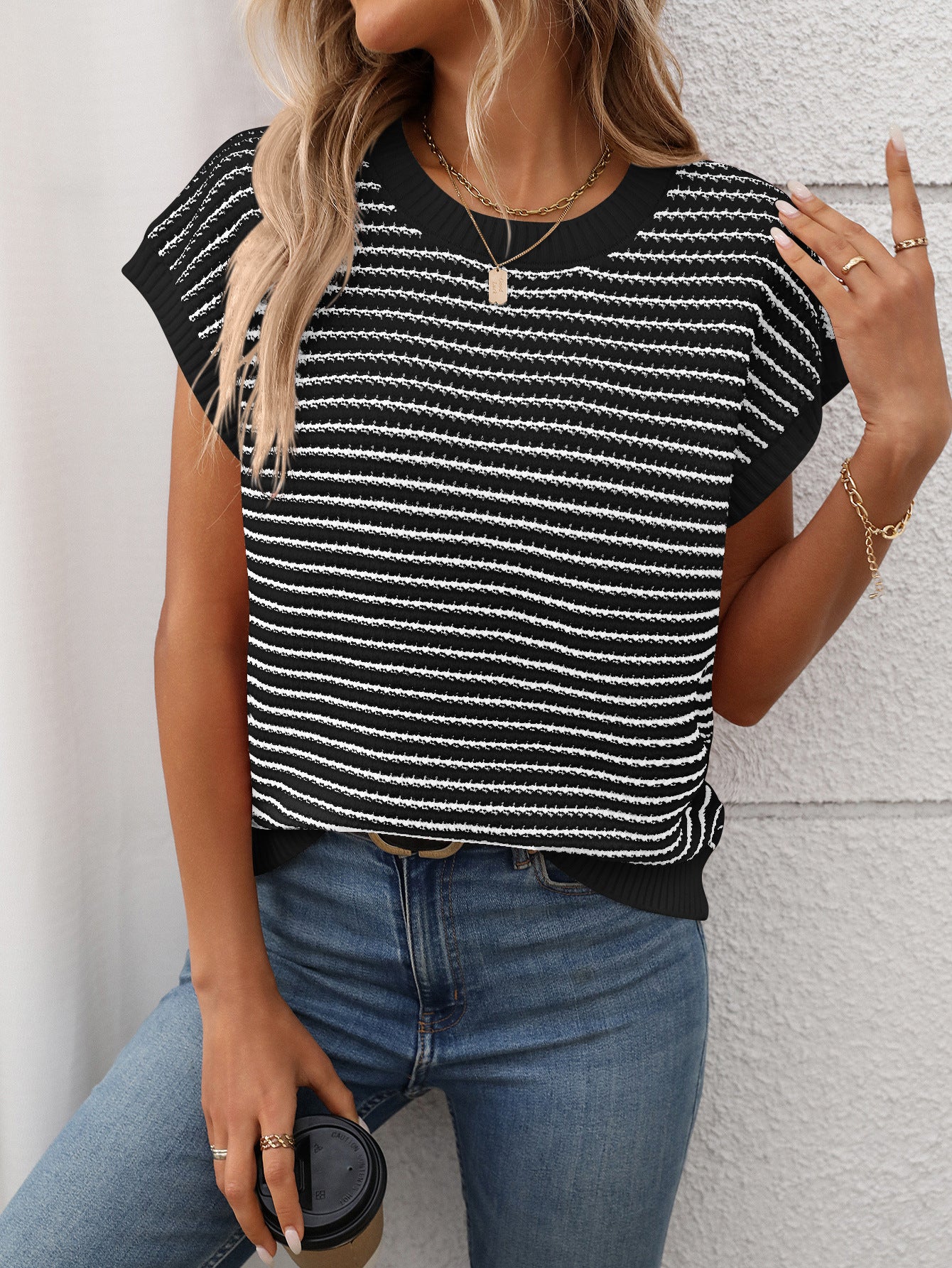 Red Stripe Lightweight Knit Short Sleeve Sweater Top