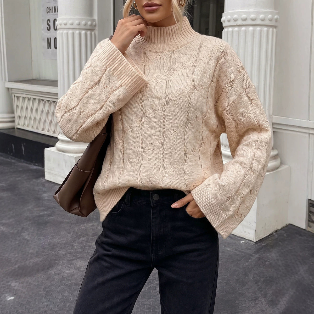 Women's Oversized Cable Knit Mock Neck Sweater