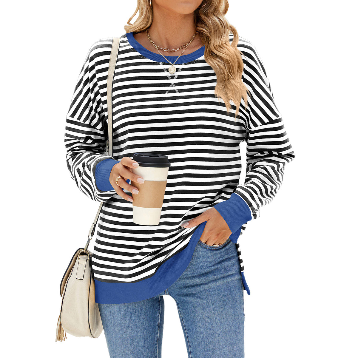Women's Striped Color Block Sweatshirt Raglan Split Hem