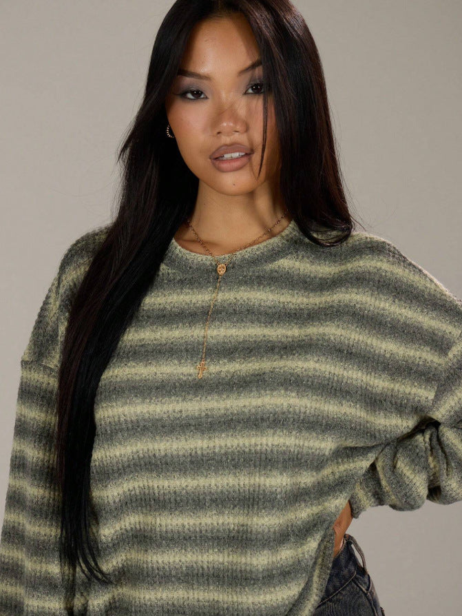 Striped Brushed Sweater Boutique Oversized Drop Shoulder Pullover