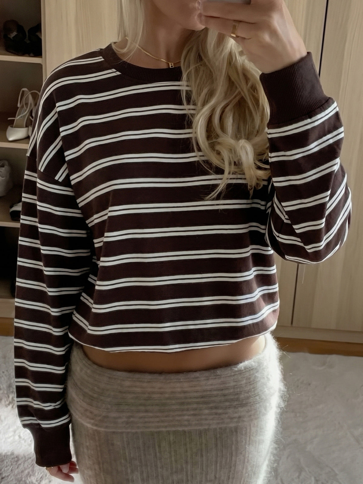 Women's Brown Striped Crewneck Long Sleeve Sweatshirt