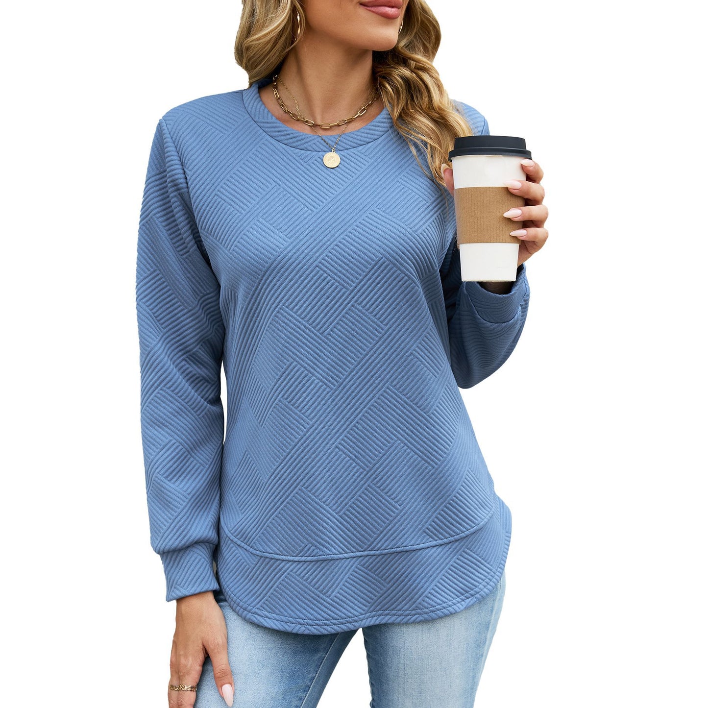 Solid Textured Cotton Sweatshirt Relaxed Long Sleeve Top