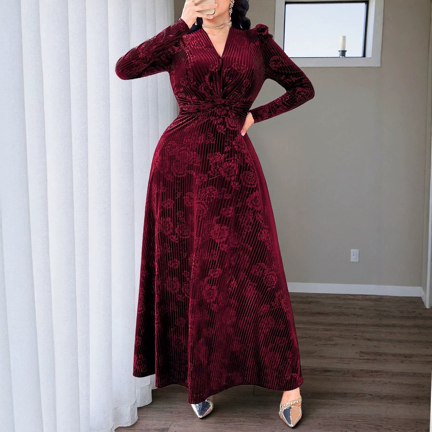Plus Size Floral Velvet V Neck Maxi Dress