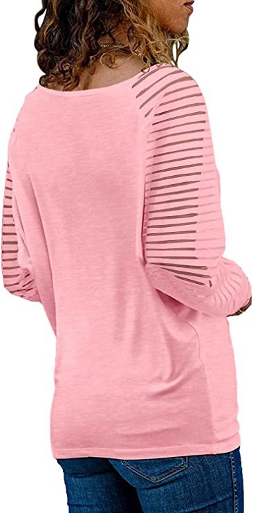 Striped Cotton Top Casual V Neck Sheer Sleeves