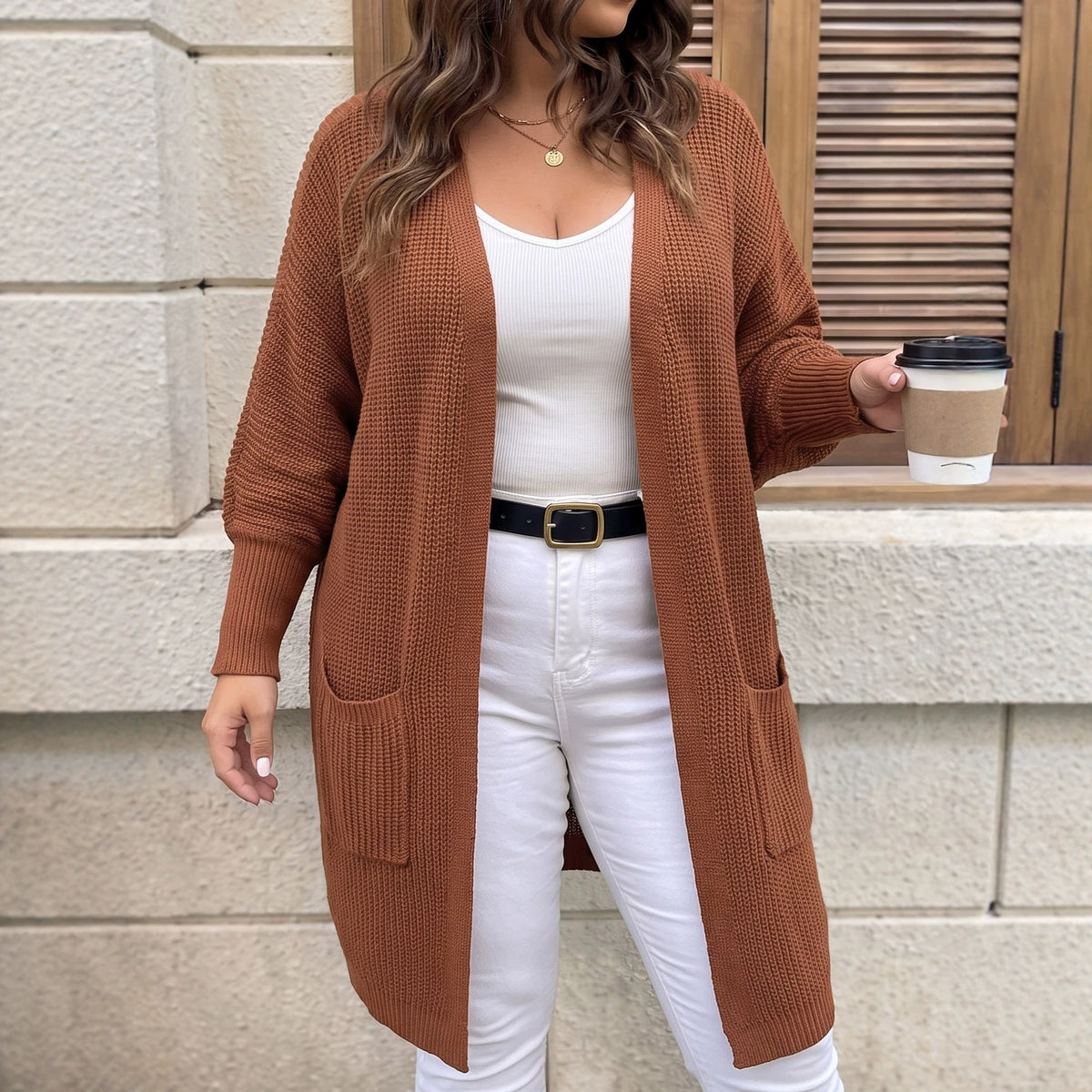 Oversized Batwing Open Front Knit Cardigan with Pockets