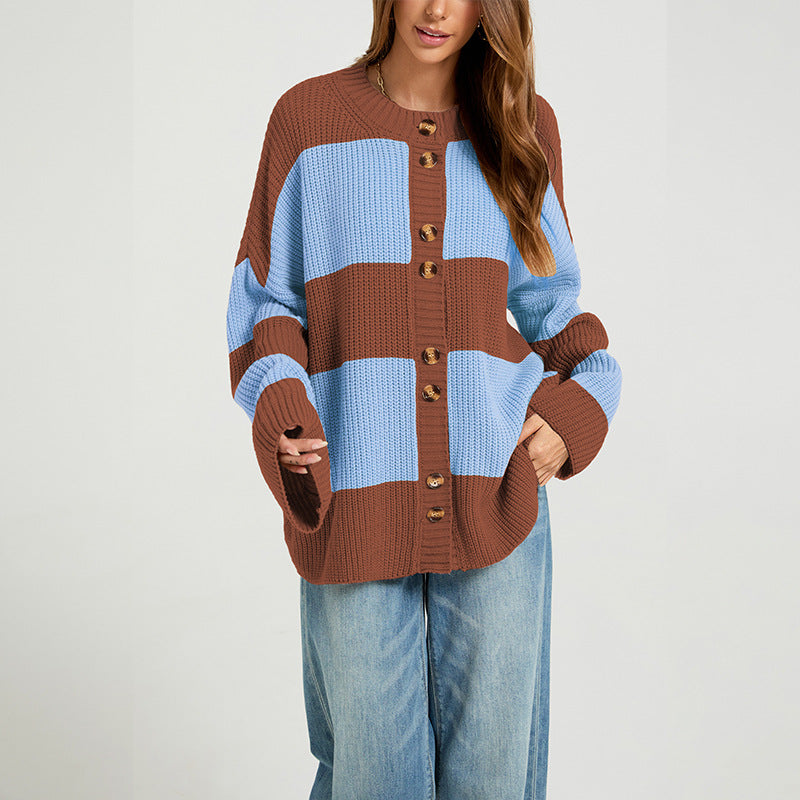Oversized Color Block Chunky Knit Cardigan Sweater