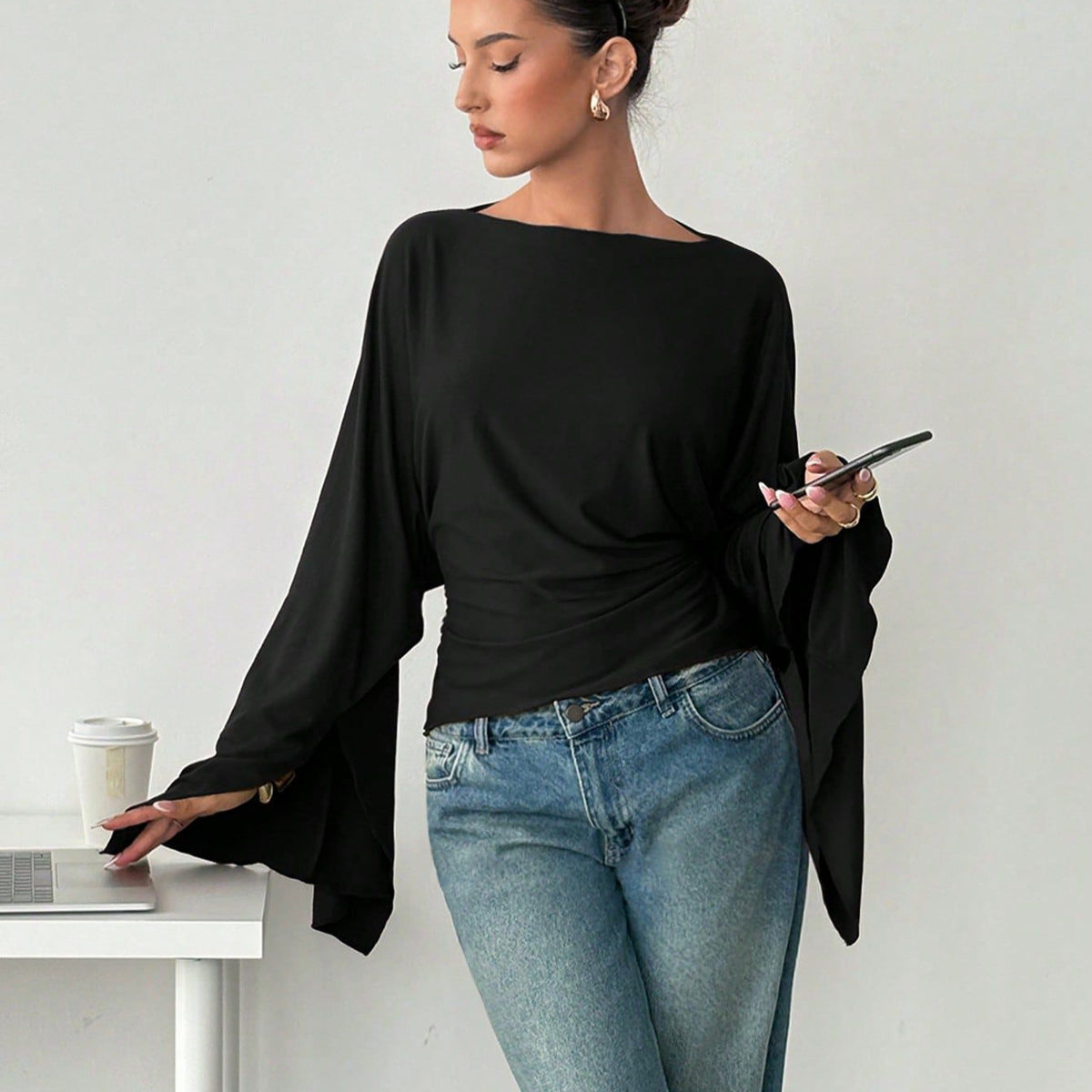 Women's Batwing Sleeve Tie Waist Boat Neck Top