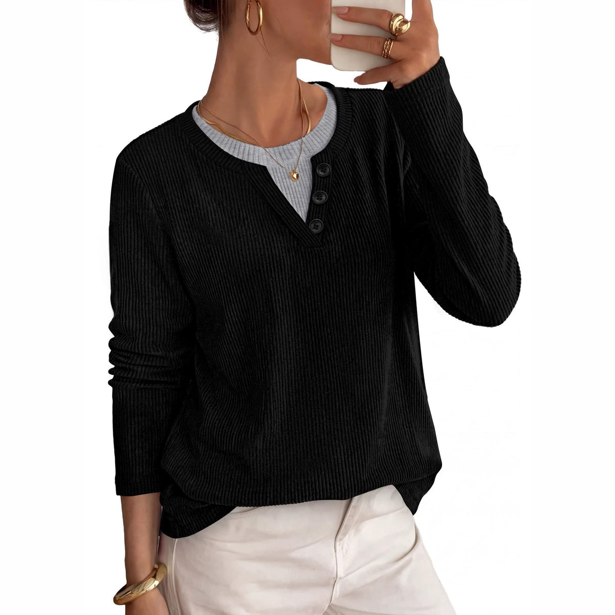 Women's Oversized Ribbed Henley Layered Long Sleeve Top