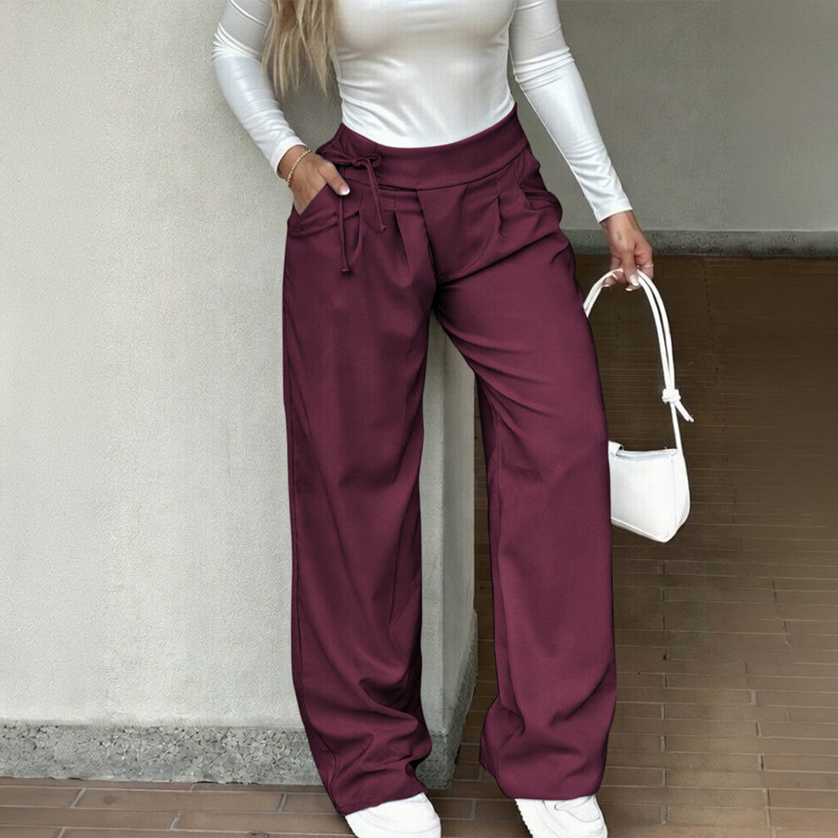 Women's High Waist Side Tie Wide Leg Dress Pants