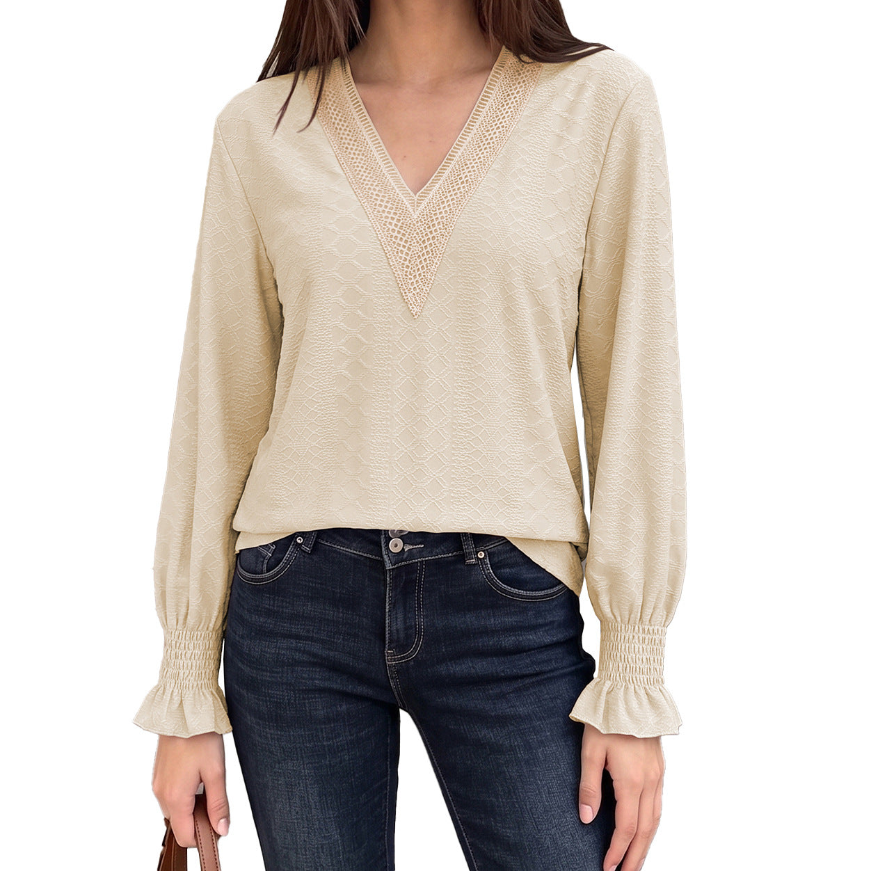 V-Neck Lace Trim Smocked Cuff Long Sleeve Blouse