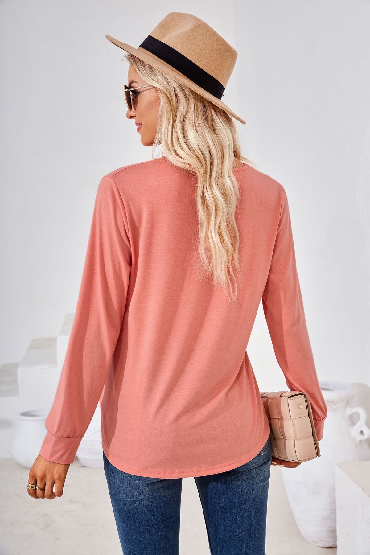 Women's Square Neck Pleated Long Sleeve Tunic Top