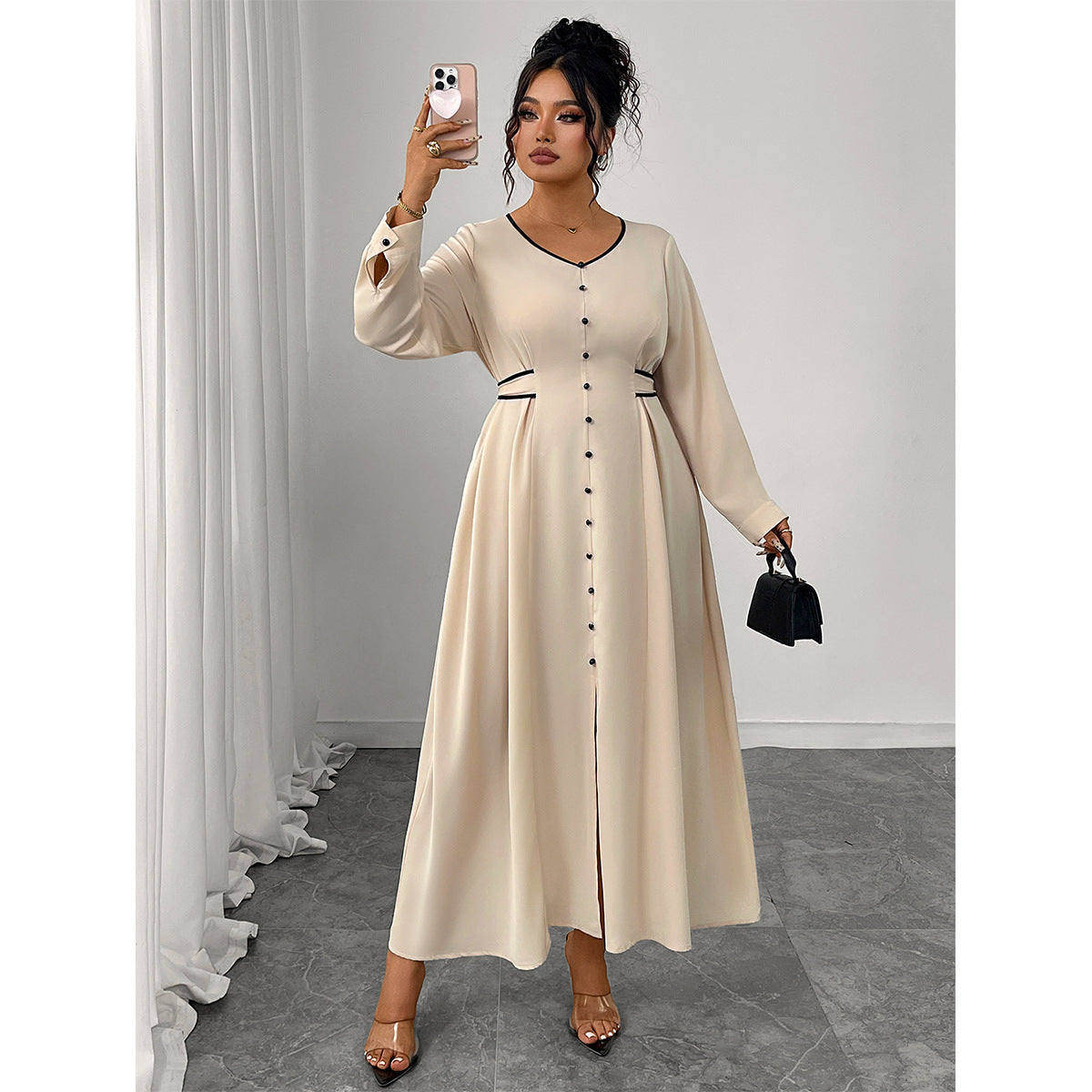 Plus Size Satin Button Front Belted Maxi Dress