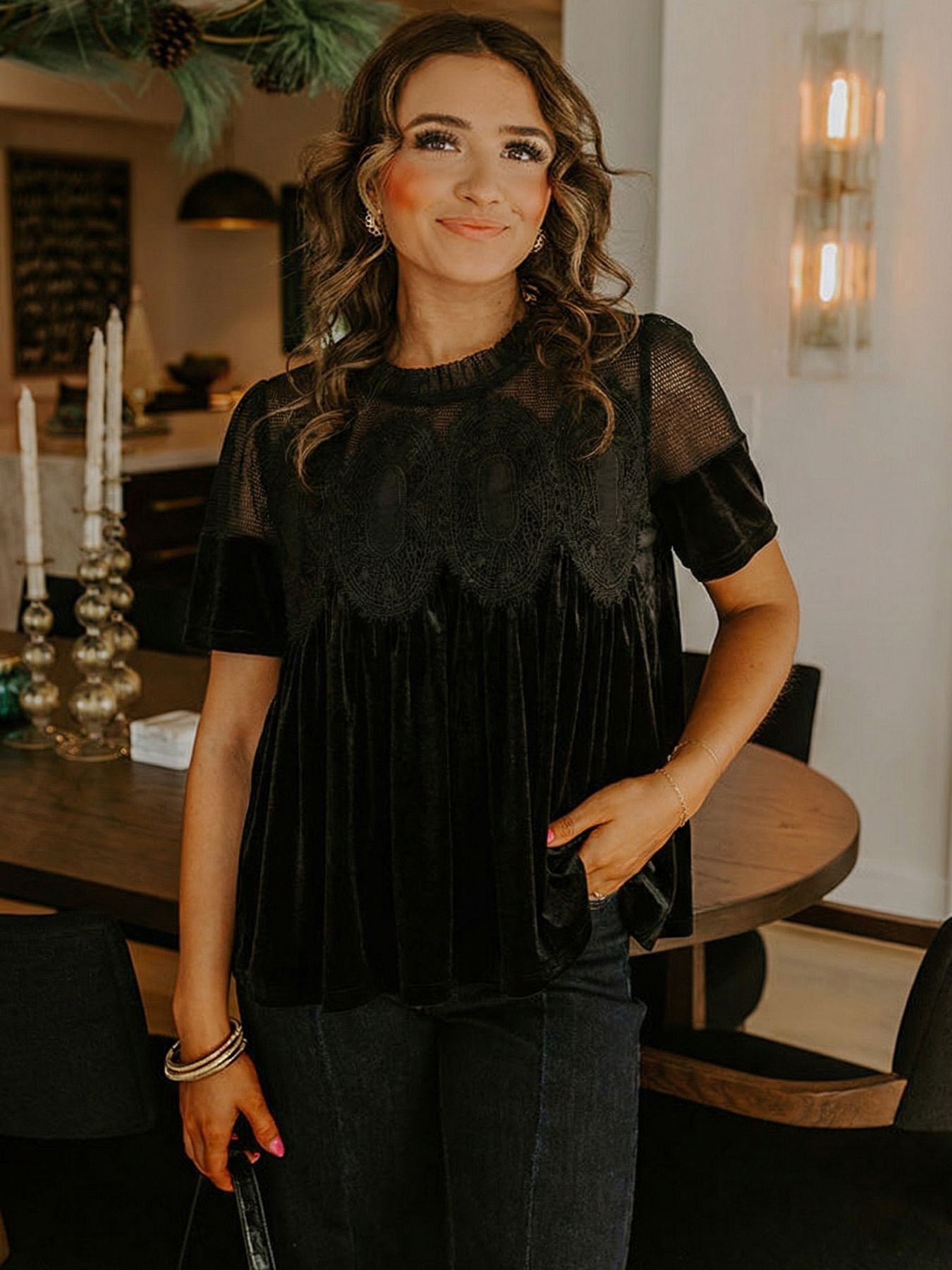 Women’s Velvet Lace Embroidered Puff Sleeve Top