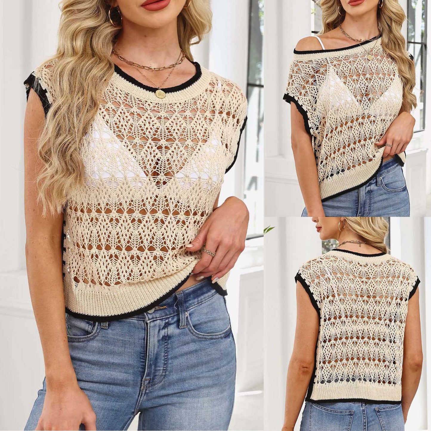 Open Knit Crochet Sleeveless Sweater Vest Tank Top