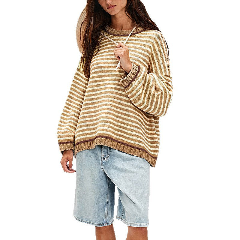 Oversized Color Block Striped Sweater Balloon Sleeve