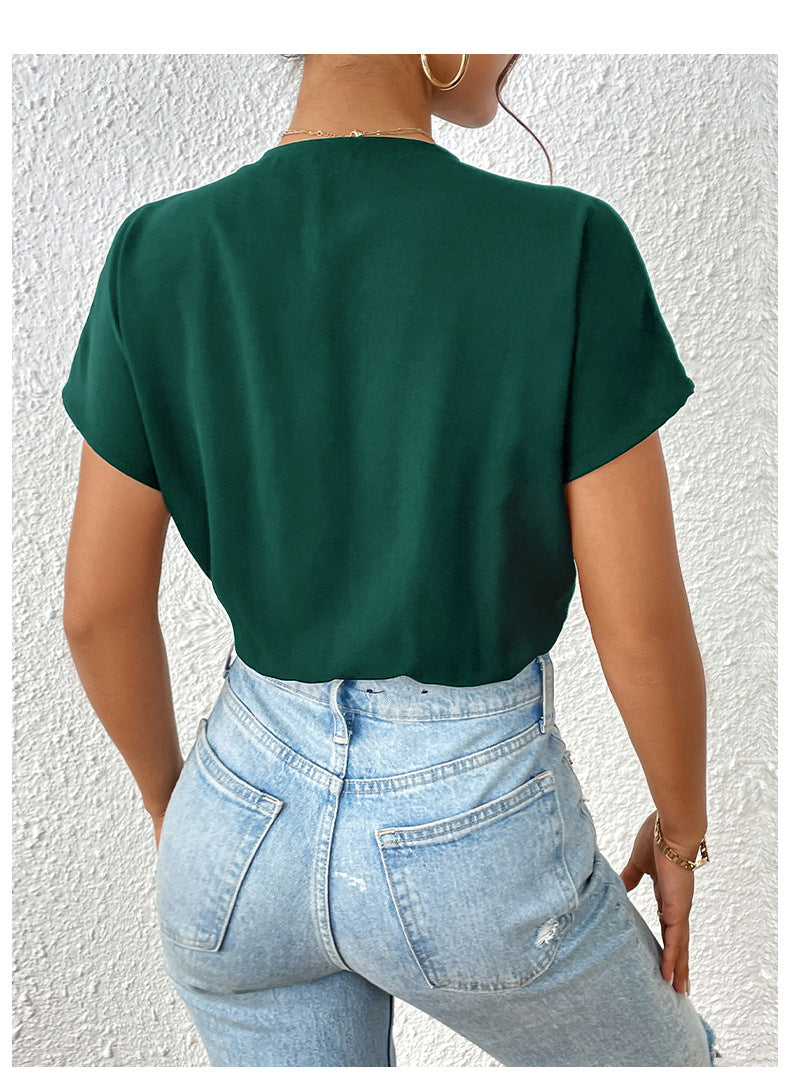 V Neck Wrap Bodysuit Short Sleeve Draped Fit Top