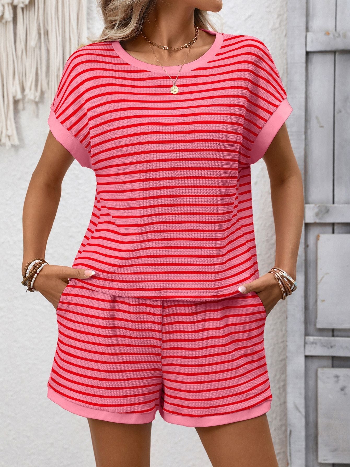Striped Tee Short Set Lounge Outfit